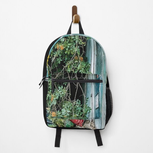 Item preview, Urban Architecture Overgrown by Plants and Tree with Red and Blue Items – Urban Photography designed and sold by regnumsaturni.