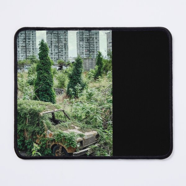 Item preview, Wrecked Car Overgrown with Kudzu Amidst High-Rise Buildings – Urban Photography designed and sold by regnumsaturni.