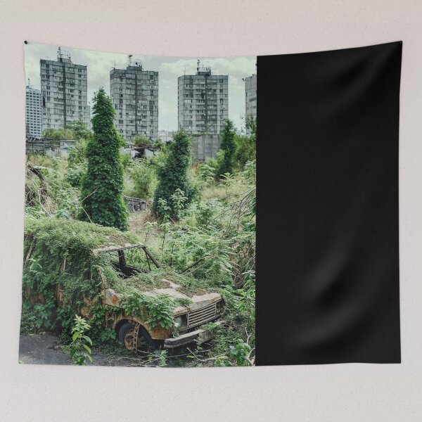 Item preview, Wrecked Car Overgrown with Kudzu Amidst High-Rise Buildings – Urban Photography designed and sold by regnumsaturni.