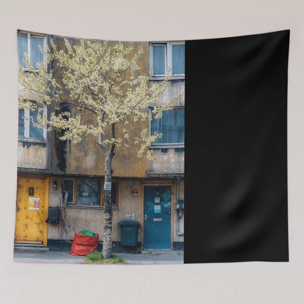 Item preview, Urban Architecture with Blooming Tree in Front of Old Building – Urban Photography designed and sold by regnumsaturni.