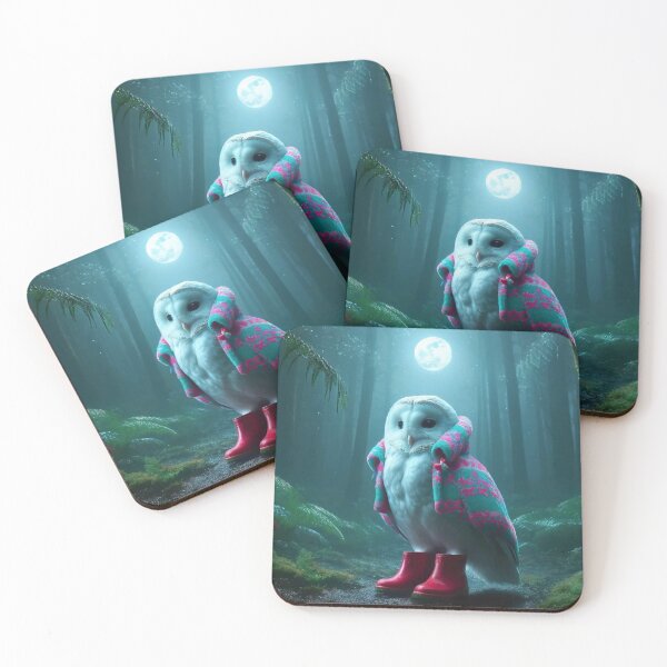 Item preview, White Ruru (Owl) wearing Duffle Coat and Pink Gum Boots designed and sold by Traci Coxhead.