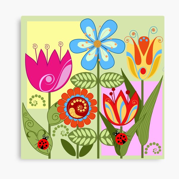 Whimsical flowers and Ladybugs Canvas Print