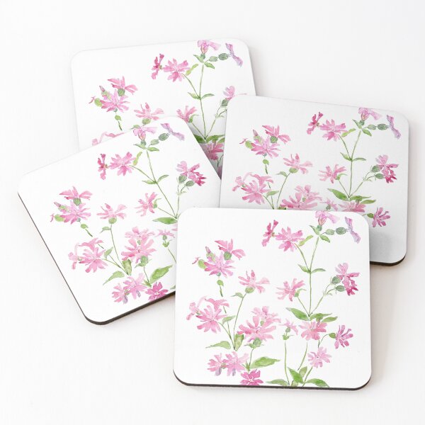 Item preview, delicate rose-pink red campion flowers wildflowers hand painted watercolor designed and sold by ColorandColor.