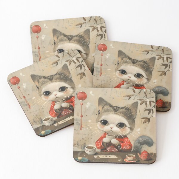 Item preview, Vintage Japan art cute cat with tea ceremony designed and sold by Anbe_design.