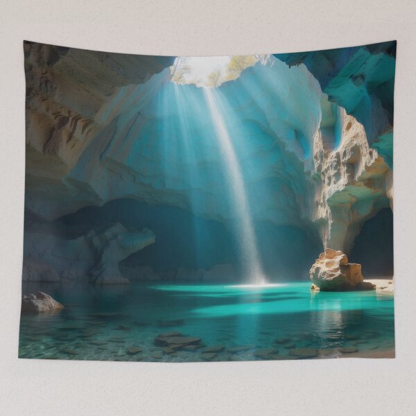 Item preview, Awesome beauty cave waterfall with lake in a turquoise grottos, with awesome rays of light falling down on the lake designed and sold by Andrey-Myagkov.