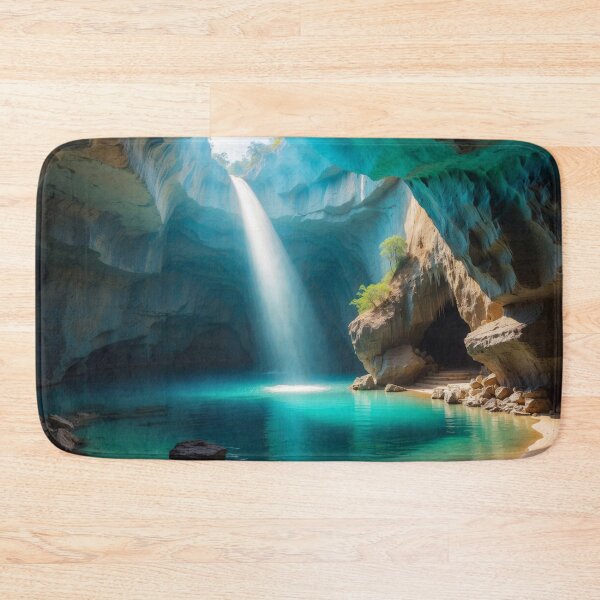 Item preview, Awesome beauty cave waterfall with lake in a turquoise grottos, with awesome rays of light falling down on the lake designed and sold by Andrey-Myagkov.
