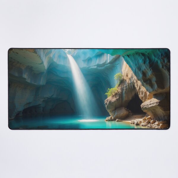 Item preview, Awesome beauty cave waterfall with lake in a turquoise grottos, with awesome rays of light falling down on the lake designed and sold by Andrey-Myagkov.