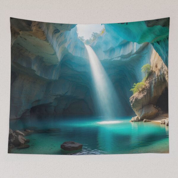 Item preview, Awesome beauty cave waterfall with lake in a turquoise grottos, with awesome rays of light falling down on the lake designed and sold by Andrey-Myagkov.