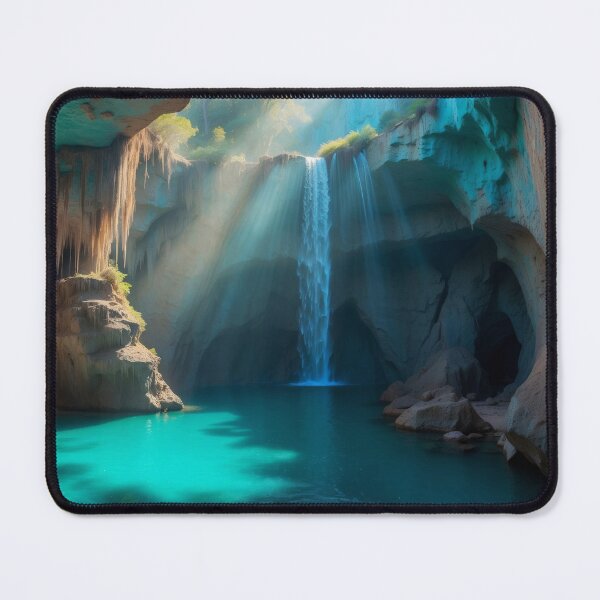 Item preview, Awesome beauty cave waterfall with lake in a turquoise grottos, with awesome rays of light falling down on the lake designed and sold by Andrey-Myagkov.