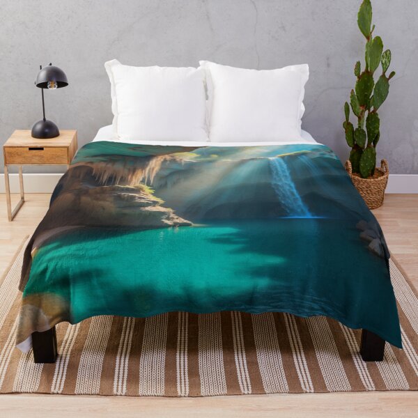 Item preview, Awesome beauty cave waterfall with lake in a turquoise grottos, with awesome rays of light falling down on the lake designed and sold by Andrey-Myagkov.