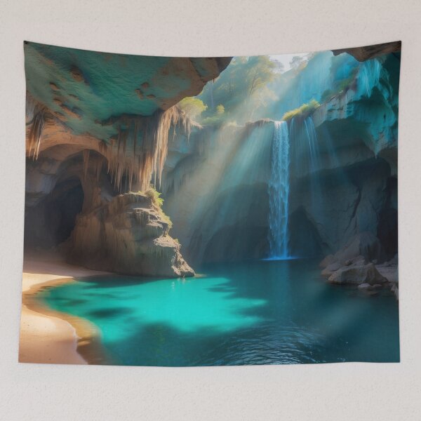 Item preview, Awesome beauty cave waterfall with lake in a turquoise grottos, with awesome rays of light falling down on the lake designed and sold by Andrey-Myagkov.