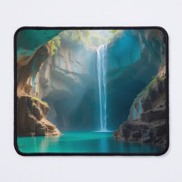 Item preview, Awesome beauty cave waterfall with lake in a turquoise grottos, with awesome rays of light falling down on the lake designed and sold by Andrey-Myagkov.