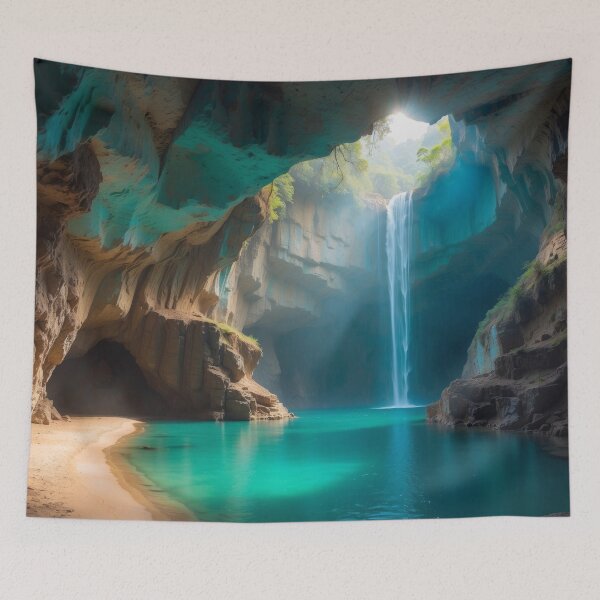 Item preview, Awesome beauty cave waterfall with lake in a turquoise grottos, with awesome rays of light falling down on the lake designed and sold by Andrey-Myagkov.