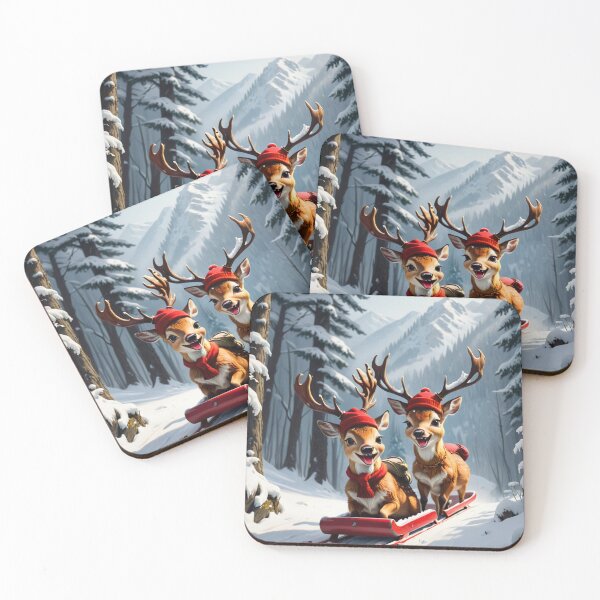 Item preview, Two deer tobogganing down a snowy path designed and sold by AnimalFunShots.
