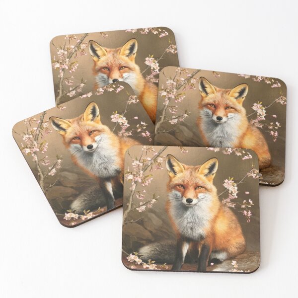 Item preview, Fox Portrait. Fox with cherry blossom, floral fox, vintage fox, fox painting, Johannes Vermeer style designed and sold by FoxVibes.