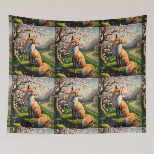 Artikelvorschau, Fuchs-Portrait. Fuchs mit Kirschblüte, Blumenfuchs, Vintage-Fuchs, Fuchs-Gemälde, Johannes Vermeer-Stil entworfen und verkauft von FoxVibes.