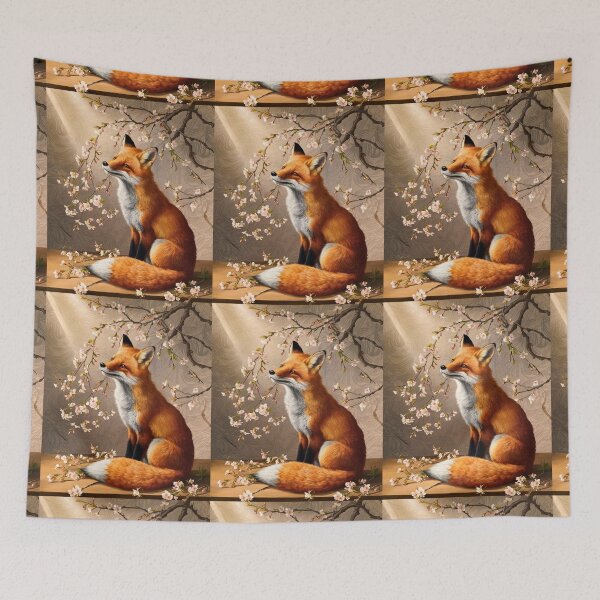 Artikelvorschau, Fuchs-Portrait. Fuchs mit Kirschblüte, Blumenfuchs, Vintage-Fuchs, Fuchs-Gemälde, Johannes Vermeer-Stil entworfen und verkauft von FoxVibes.