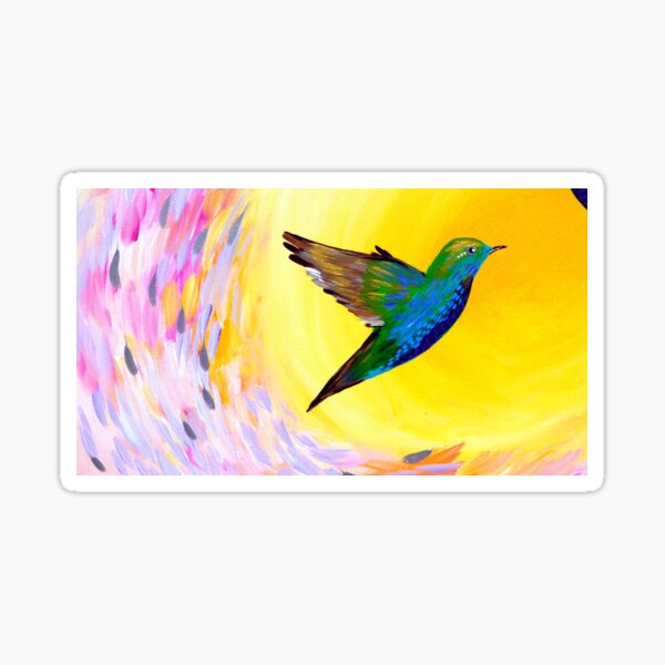 Vista previa del artículo con la obra «Pintura abstracta en una caja de teléfono con un colibrí y el sol», diseñado y vendido por CateJacobs.