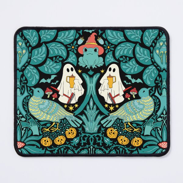 Item preview, Cute Halloween Ghost Gardener in Botanical Graveyard with Frogs and Pumpkins in green designed and sold by colorofmagic.