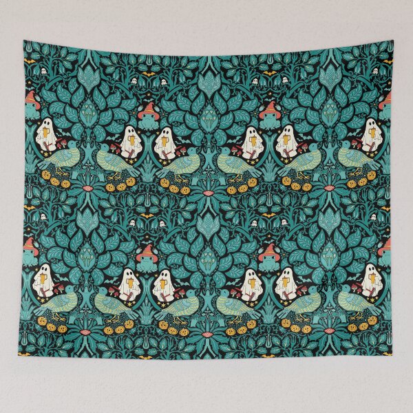 Item preview, Cute Halloween Ghost Gardener in Botanical Graveyard with Frogs and Pumpkins in green designed and sold by colorofmagic.