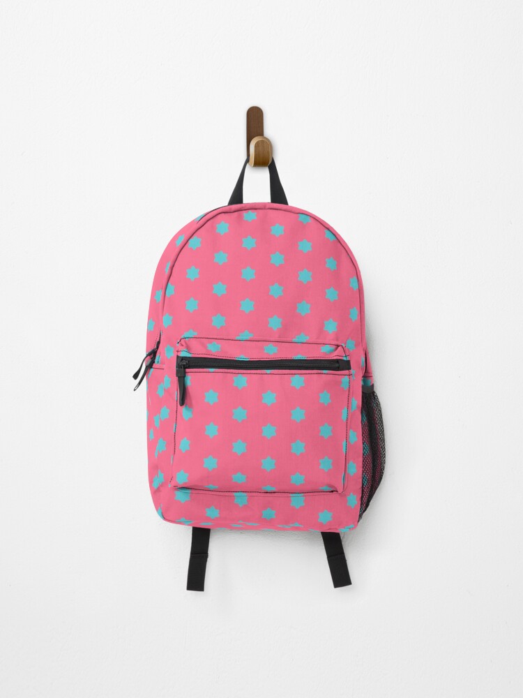 Backpack, Geometric Sunset on Sea Bright Turquoise Six-Pointed Stars on Vivid Pink designed and sold by Triplicate Limited