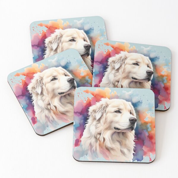 Item preview, a Pyrenean Mountain Dog as a watercolor - light blue background designed and sold by Rose Design & Photos.