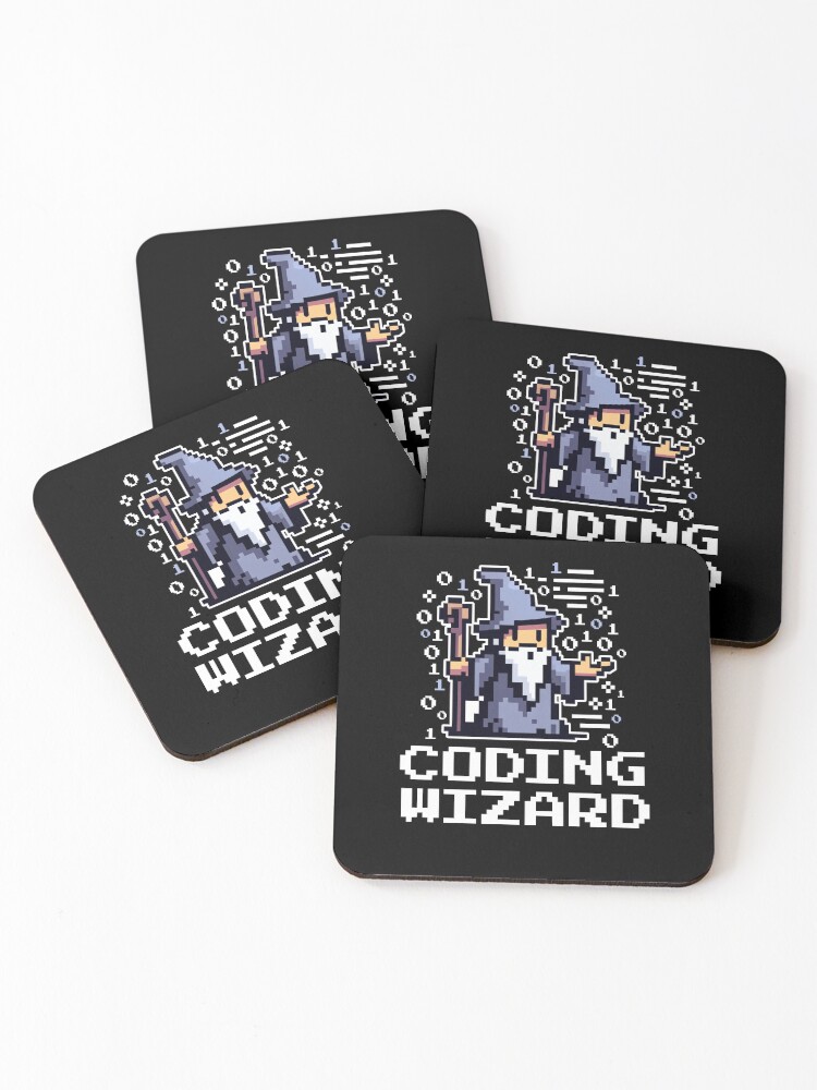 Thumbnail 1 of 5, Coasters (Set of 4), Coding Wizard Pixel Fantasy Coder designed and sold by DetourShirts.
