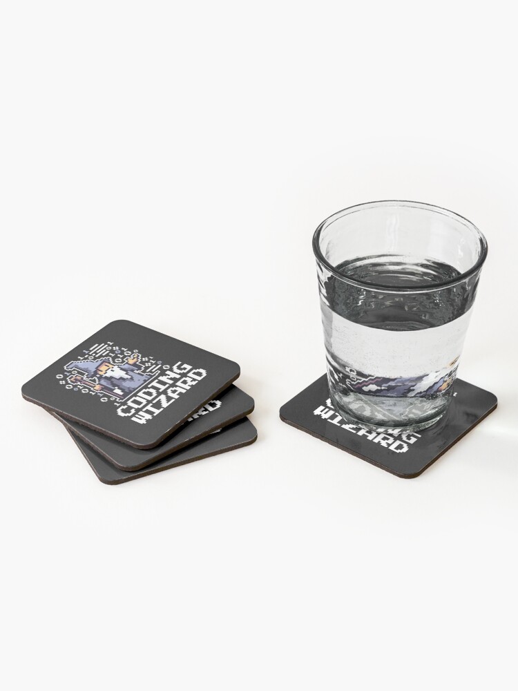 Thumbnail 2 of 5, Coasters (Set of 4), Coding Wizard Pixel Fantasy Coder designed and sold by DetourShirts.