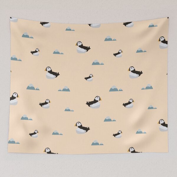 Item preview, Seamless pattern scandinavian, icelandic puffin and mountains on yellow background designed and sold by alexiia54.