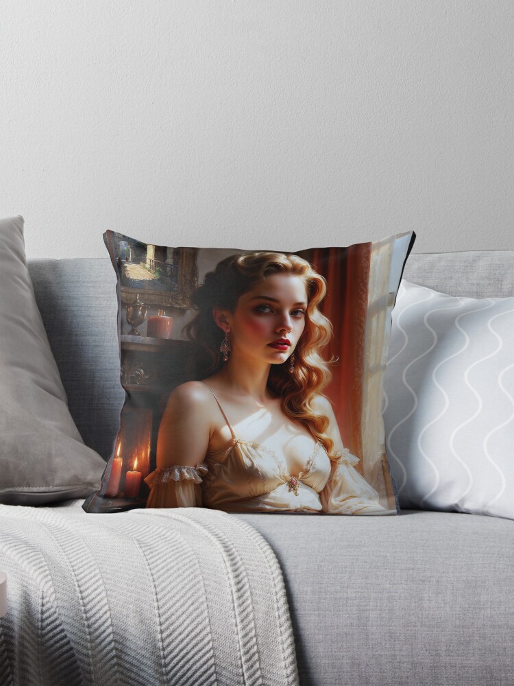 Elegant Victorian Woman By Candlelight At Sunset AI Concept Art by Xzendor7 - Her Desire Revealed 4 Elegant Victorian Woman By Candlelight At Sunset Captivating AI Concept Art by Xzendor7 Decorative Art Print Portrait Throw Pillow