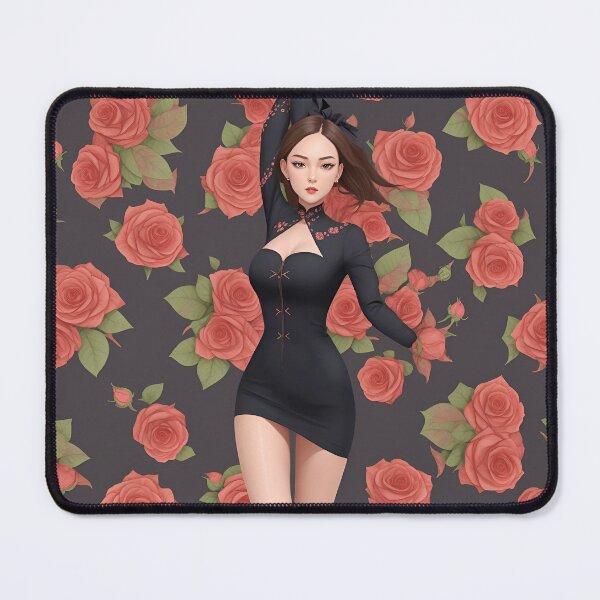 Item preview, feminine slim asian woman black dress covered in roses designed and sold by Carlos Gudino.
