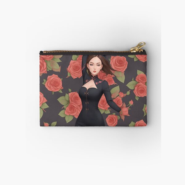 Item preview, feminine slim asian woman black dress covered in roses designed and sold by Carlos Gudino.