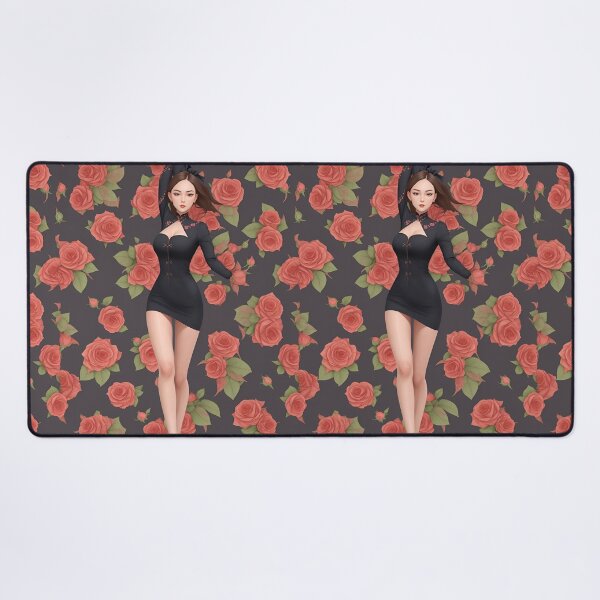 Item preview, feminine slim asian woman black dress covered in roses designed and sold by Carlos Gudino.