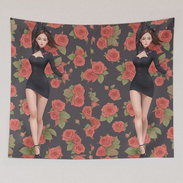 Item preview, feminine slim asian woman black dress covered in roses designed and sold by Carlos Gudino.