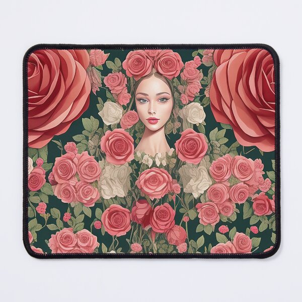 Item preview, feminine woman face in set of beautiful red pink and yellow roses designed and sold by Carlos Gudino.