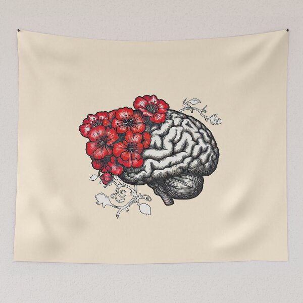 Item preview, Mental Wealth, Brain mental health psychology, red flowers, anatomy watercolor art designed and sold by Collagedream.