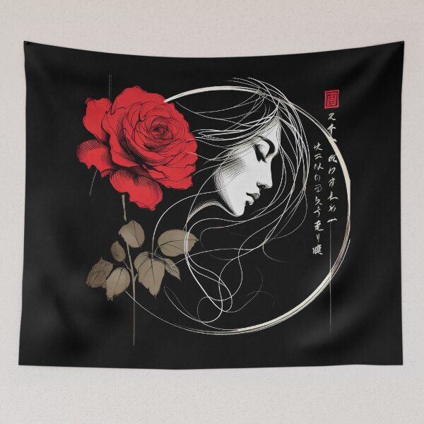 Item preview, Japanese Calligraphy Woman and Red Rose Tranquil Sumi-e designed and sold by NEUMANN ArtWear Boutique.