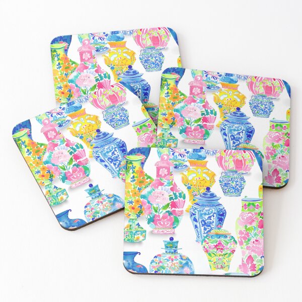 Item preview, Preppy, bright colors chinoiserie jars on white background designed and sold by SophieClimaArt.