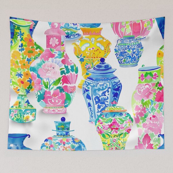 Item preview, Preppy, bright colors chinoiserie jars on white background designed and sold by SophieClimaArt.