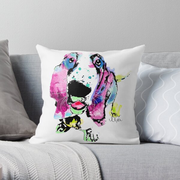 basset hound watercolor pet portrait | Biscuit Throw Pillow