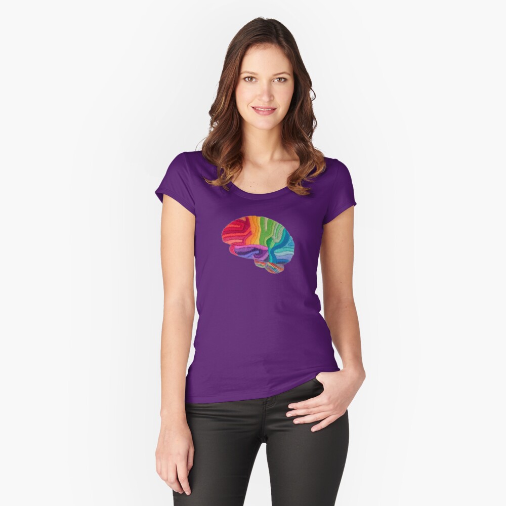 Embroidered Look - Rainbow Brain  Fitted Scoop T-Shirt