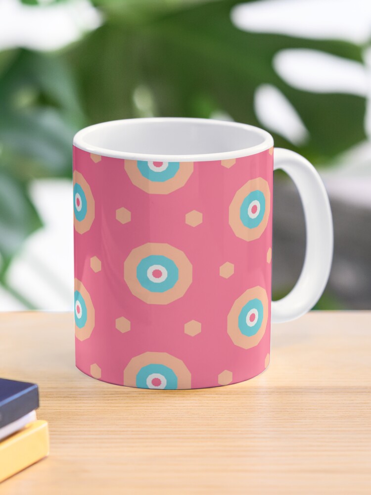 Coffee Mug, Geometric Sunset on Sea Colorful Bullseyes and Hexagons designed and sold by Triplicate Limited