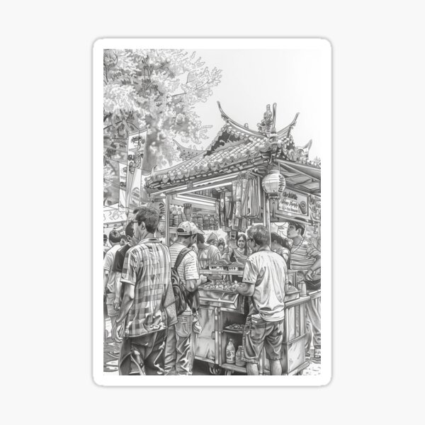 Vista previa del artículo con la obra «Bullicioso día de mercado en blanco y negro», diseñado y vendido por palmyst.