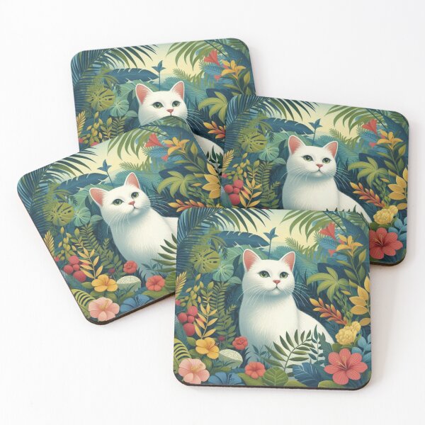 Item preview, White cat in floral jungle designed and sold by Thedigital91.