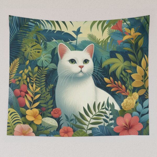 Item preview, White cat in floral jungle designed and sold by Thedigital91.