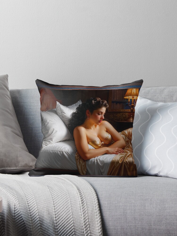 A Sleeping Beauty In A Golden Satin Gown Alluring AI Concept Art Portrait by Xzendor7 Decorative Art Print Throw Pillow