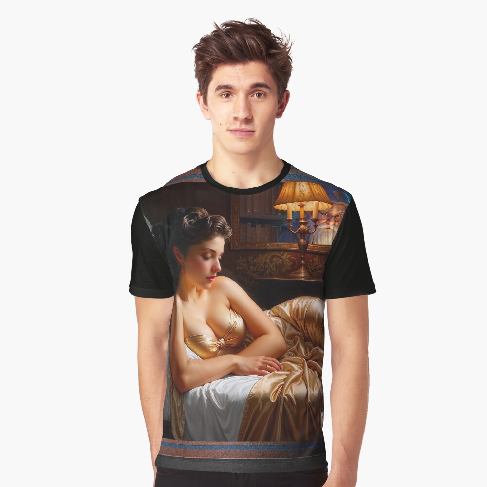 A Sleeping Beauty In A Golden Satin Gown Alluring AI Concept Art Portrait by Xzendor7 Decorative Art Print Graphic T-Shirt