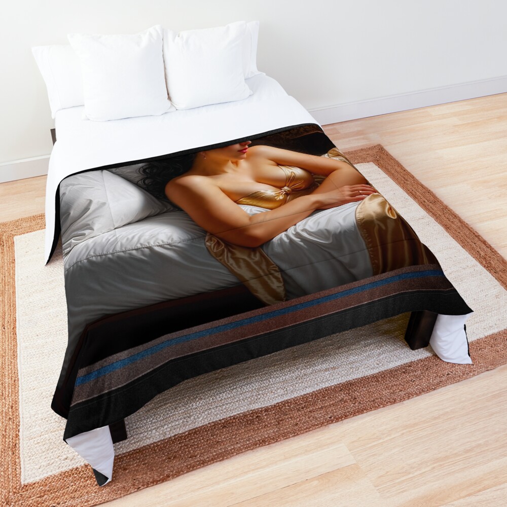 A Sleeping Beauty In A Golden Satin Gown Alluring AI Concept Art Portrait by Xzendor7 Decorative Art Print Comforter