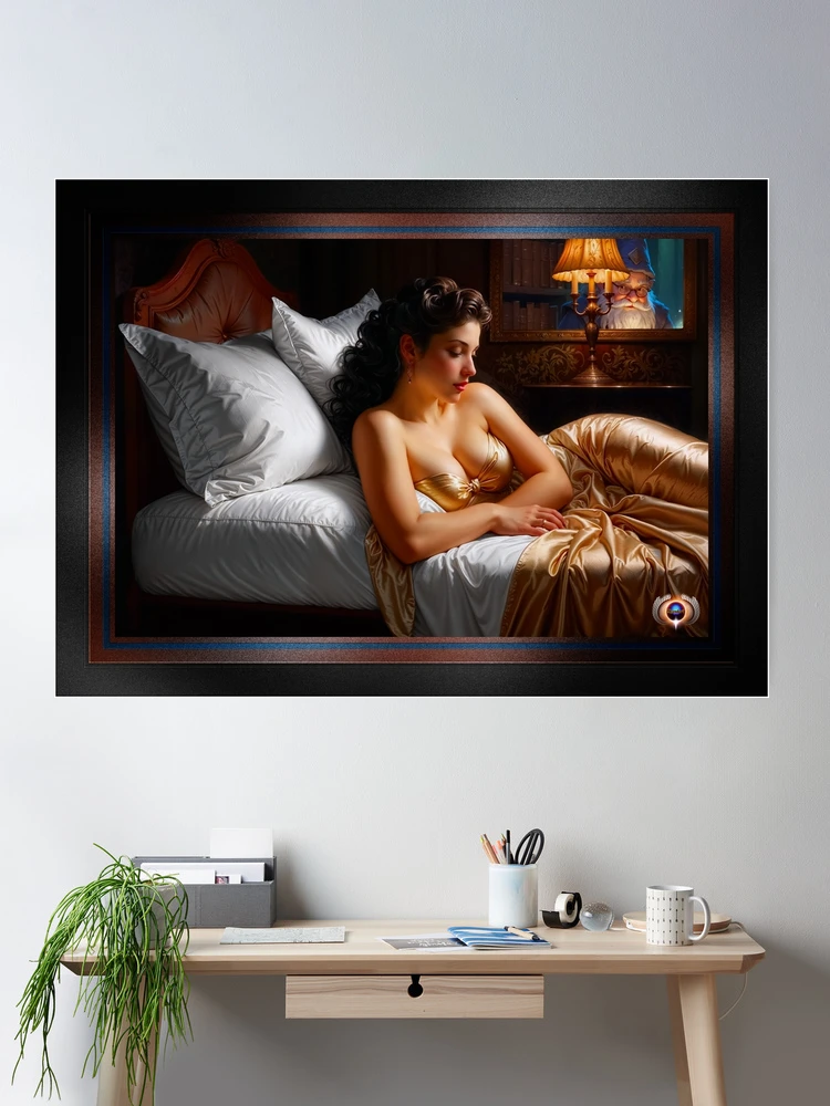 A Sleeping Beauty In A Golden Satin Gown Alluring AI Concept Art Portrait by Xzendor7 Room Decor Poster Art Print 
