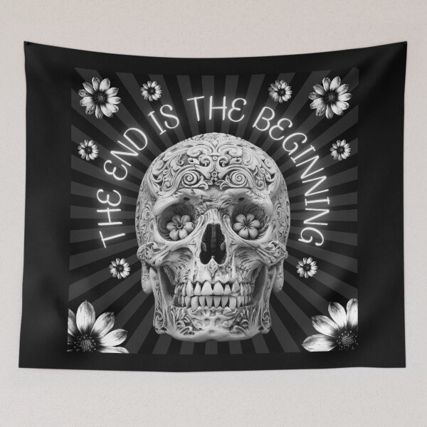 Item preview, The end is the beginning, monochromatic artwork, skull &flowers designed and sold by silent-violin.